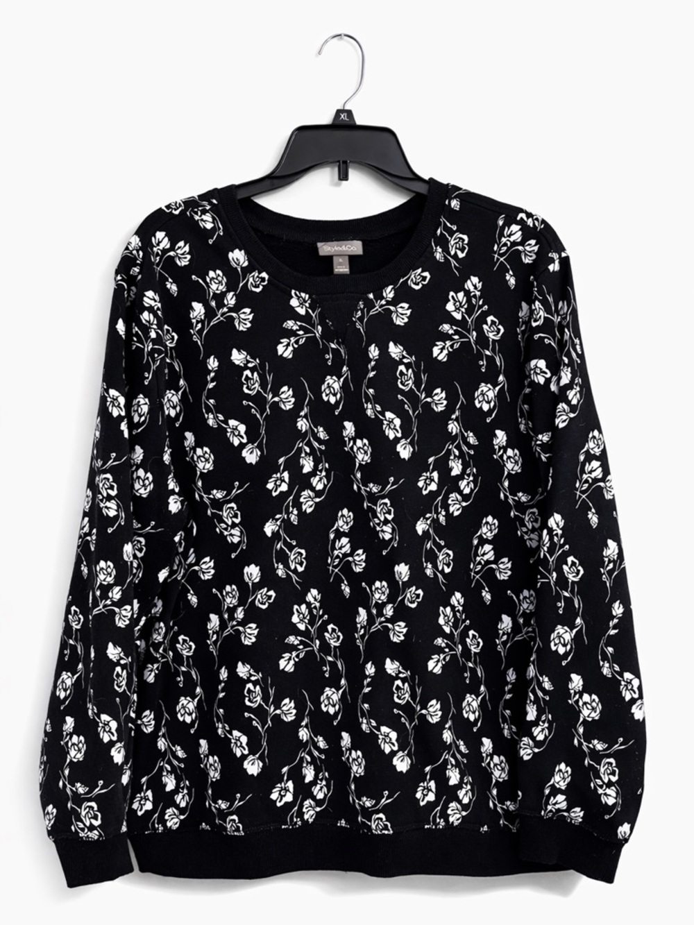 Style & Co Ink Flora Print Fleece Sweatshirt Women’s XL Black Botanical Crewneck